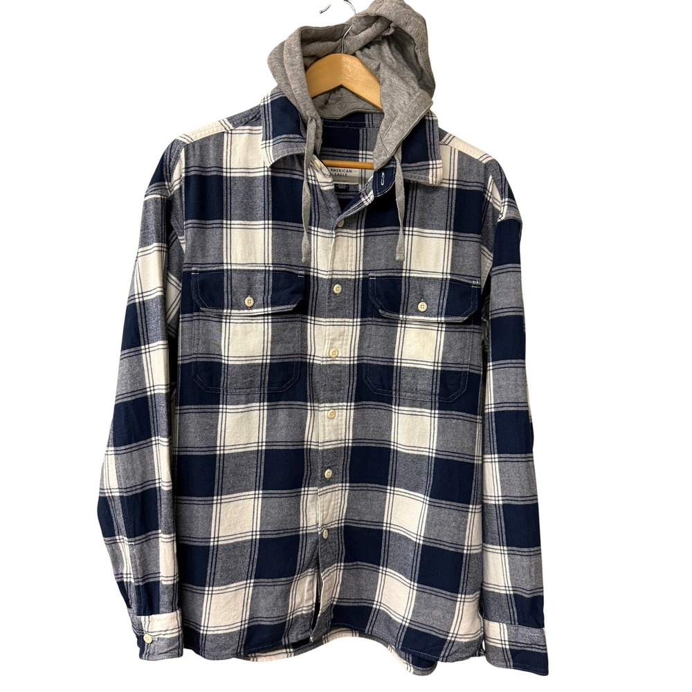 American Eagle Men Plaid Hooded Flannel Button Up Shirt Cotton Size M Navy White
